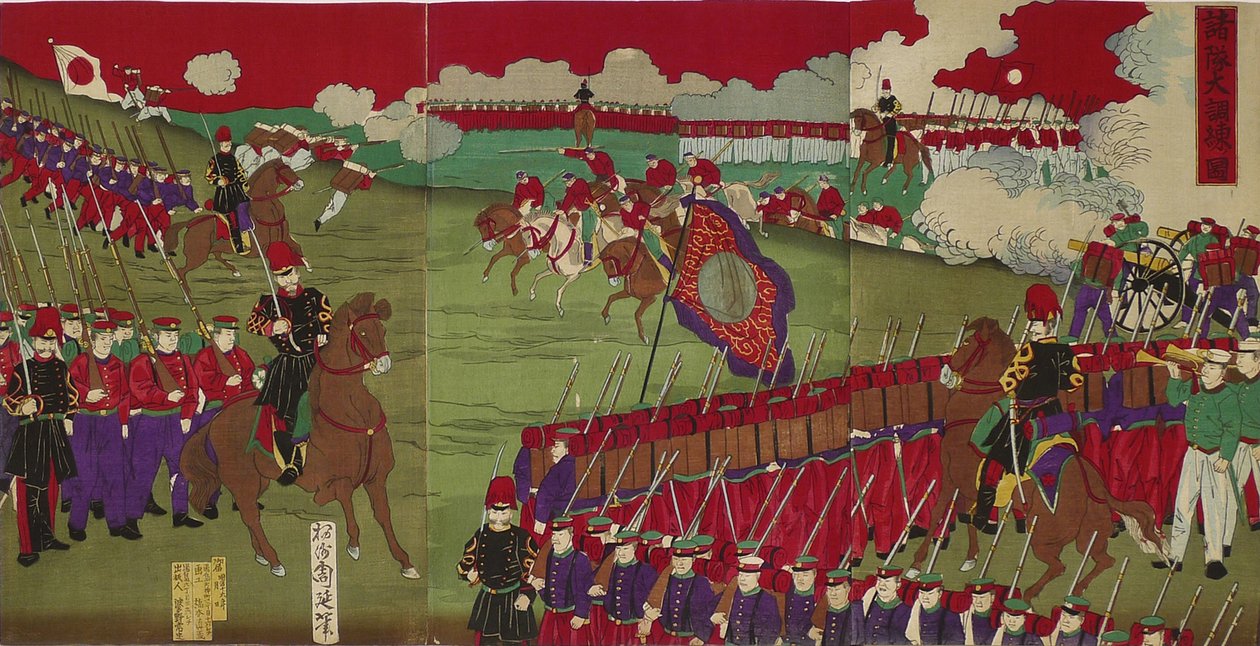 Velké výcvikové manévry různých armádních sborů Shotai dai choren no zu od Toyohara Chikanobu