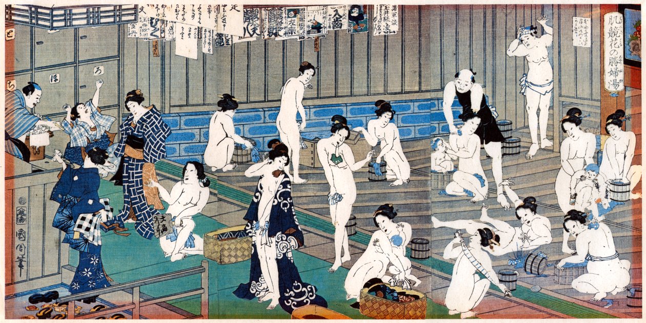Scéna z lázeňského domu, tisk Toyohara Kunichika, 19. století od Toyohara Kunichika