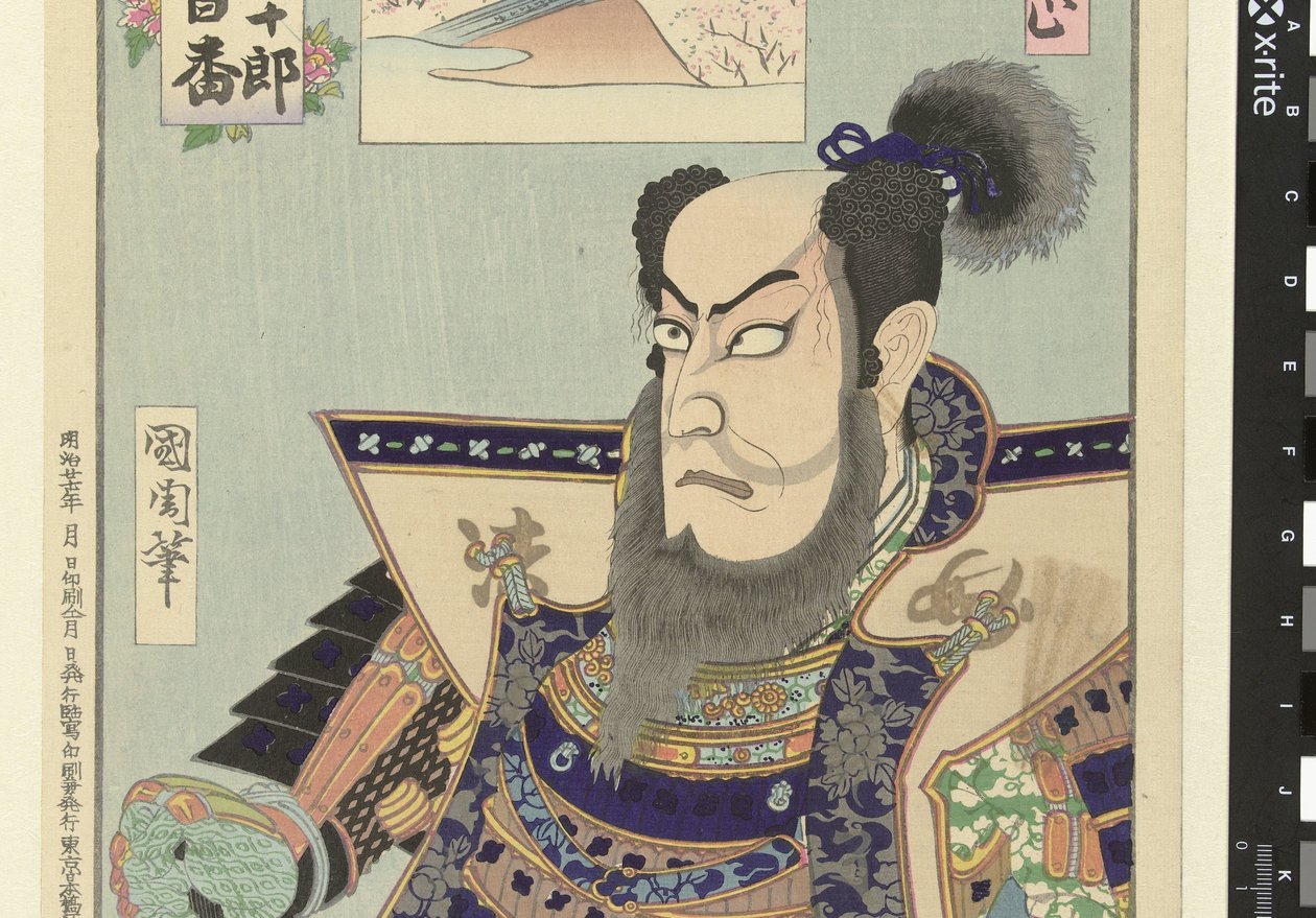 Ichikawa Danjuro IX jako Kato Kiyomasa Kato Kiyomasa (titul na objektu) Honderd rollen van Ichikawa Danjuro IX (název série) Ichikawa Danjuro engei hyakuban (název série na objektu) od Toyohara Kunichika