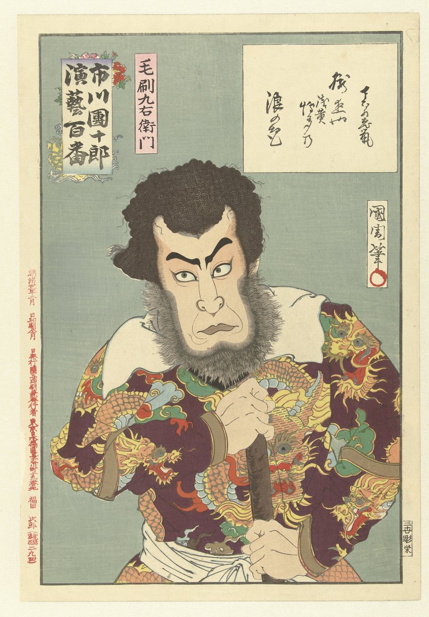 Ichikawa Danjuro IX jako Kezori Kyuemon Kezori Kyuemon (název na objektu) Honderd rollen van Ichikawa Danjuro IX (název série) Ichikawa Danjuro engei hyakuban (název série na objektu) od Toyohara Kunichika