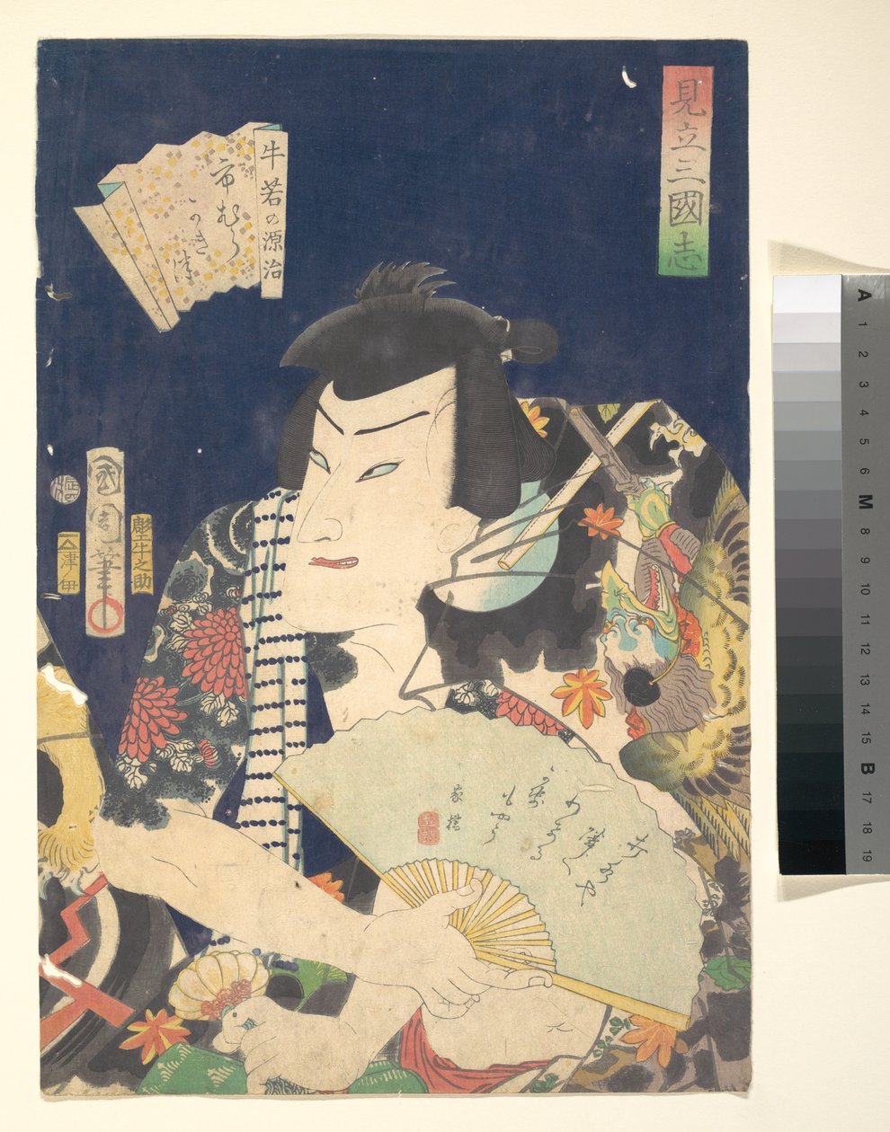 Ichimura Kakitsu IV als Ushiwaka no Genji im Kabuki-Stück Eine Parodie der Romanze der Drei Königreiche od Toyohara Kunichika
