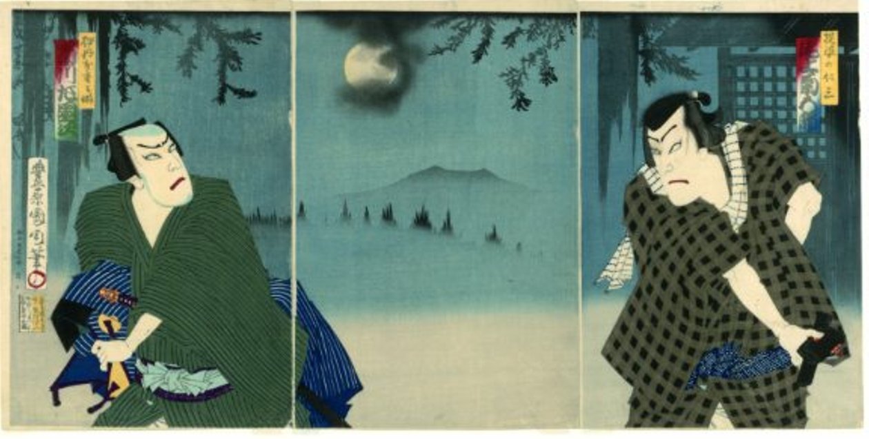 Onoe Kikugorō V jako Daiba no Jinzō a Ichikawa Sadanji I jako Itamiya Jubei od Toyohara Kunichika