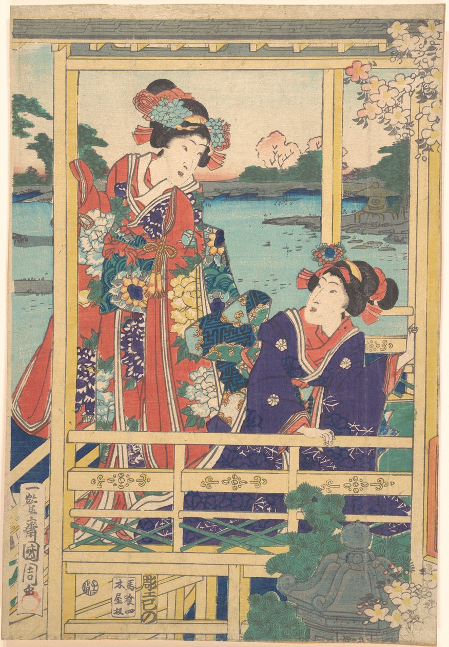 Dvě krásky ve Spring Garden s rybníkem od Toyohara Kunichika