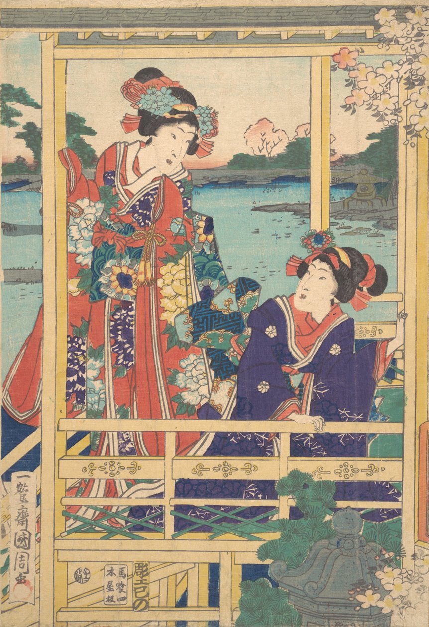 Dvě krásky v jarní zahradě s jezírkem, ca. Druhý měsíc, 1864. od Toyohara Kunichika
