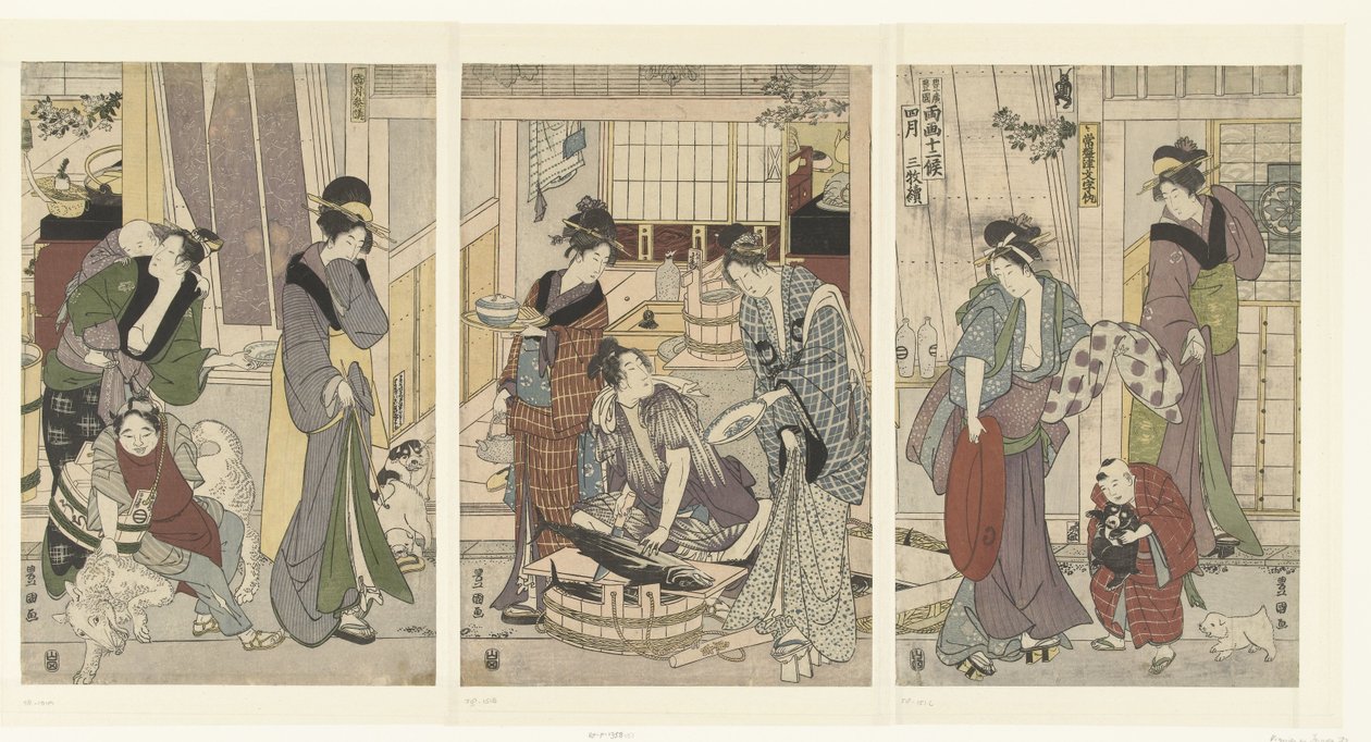 obchodník s rybami Čtvrtý měsíc, triptych Yongatsu, sanbukutsui (název na objektu) Dvanáct měsíců od Toyohiro a Toyokuni (název série) Toyohiro Toyokuni ryoga juniko (název série na objektu) od Toyokuni (II) , Utagawa