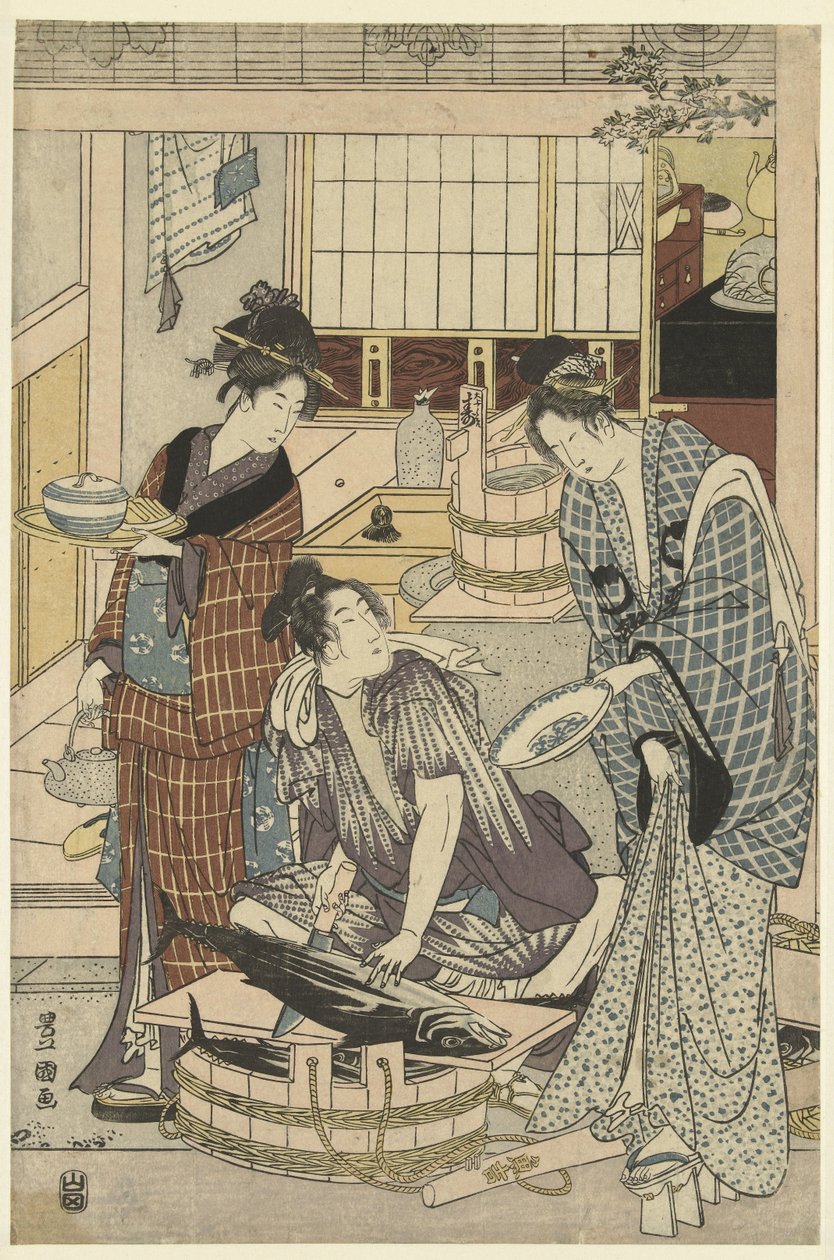 obchodník s rybami Čtvrtý měsíc, triptych Yongatsu, sanbukutsui (název na objektu) Dvanáct měsíců od Toyohiro a Toyokuni (název série) Toyohiro Toyokuni ryoga juniko (název série na objektu) od Toyokuni (II) , Utagawa
