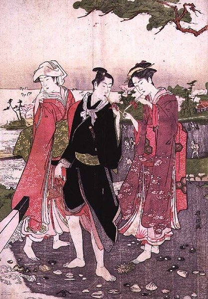 Dvě dívky a mladík na pláži, hospoda. c.1780 od Utagawa Toyokuni