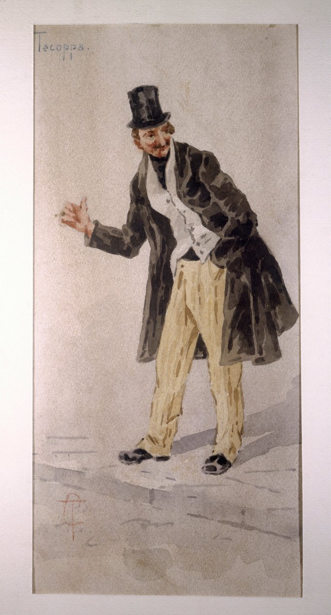 Postava Tecoppa, kterou vytvořil milánský herec Edoardo Ferravilla v roce 1874, akvarel Tranquillo Cremona od Tranquillo Cremona