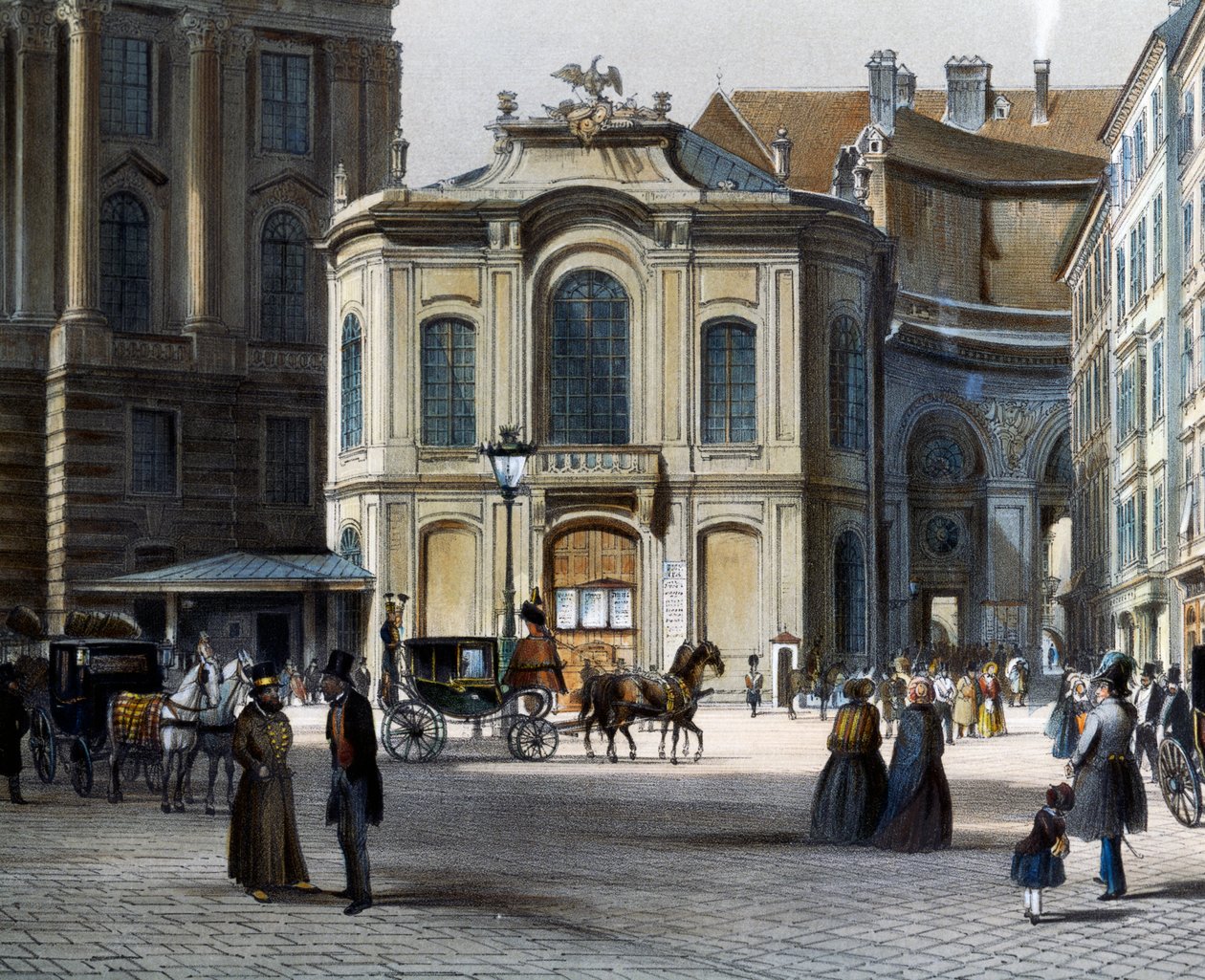 Burgtheater ve Vídni Michaelerplatz s Winterreitschule (zimní jezdecká škola) vpravo, od Tranquillo Mollo (1767-1837), kolorovaná rytina, Rakousko od Tranquillo Mollo