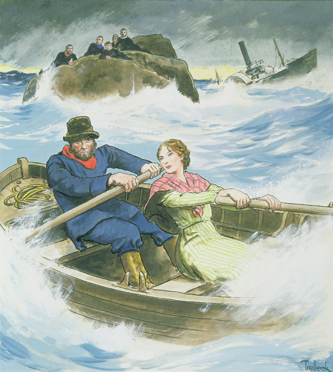 Grace Darling (1815-41) a její otec zachraňují přeživší ze ztroskotaného parníku „Forfarshire“, 7. září 1838, z „Peeps into the Past“, vydaného kolem roku 1900 od Trelleek