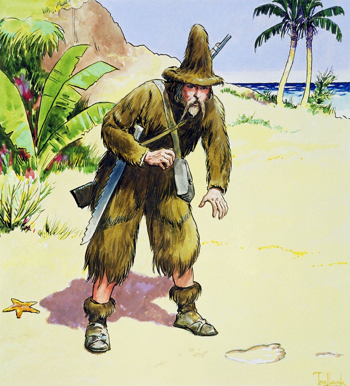 Robinson Crusoe, z knihy "Pohledy do minulosti", vydané kolem roku 1900 od Trelleek
