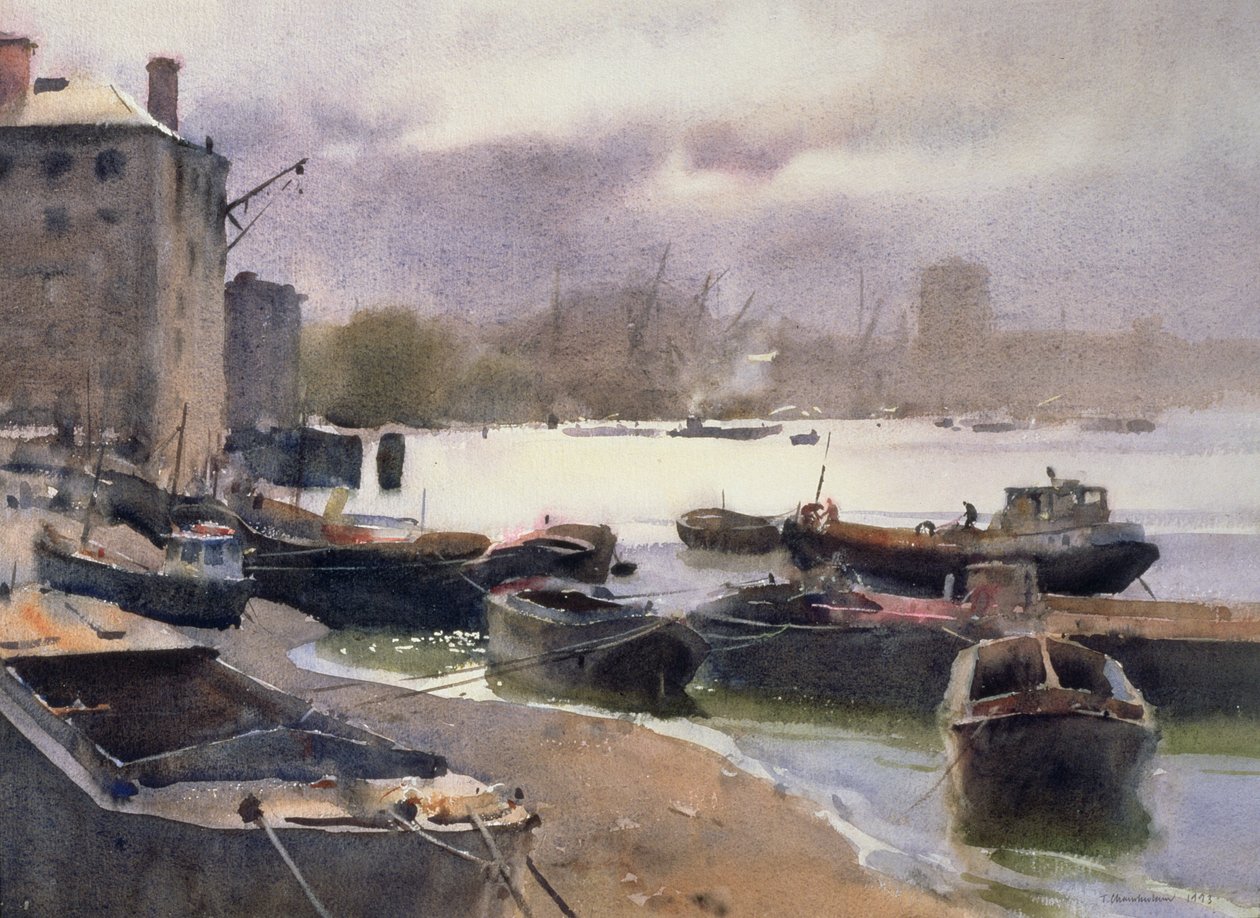 A Cluster of Lighters, River Thames, 1993 (wc na papíře) od Trevor Chamberlain