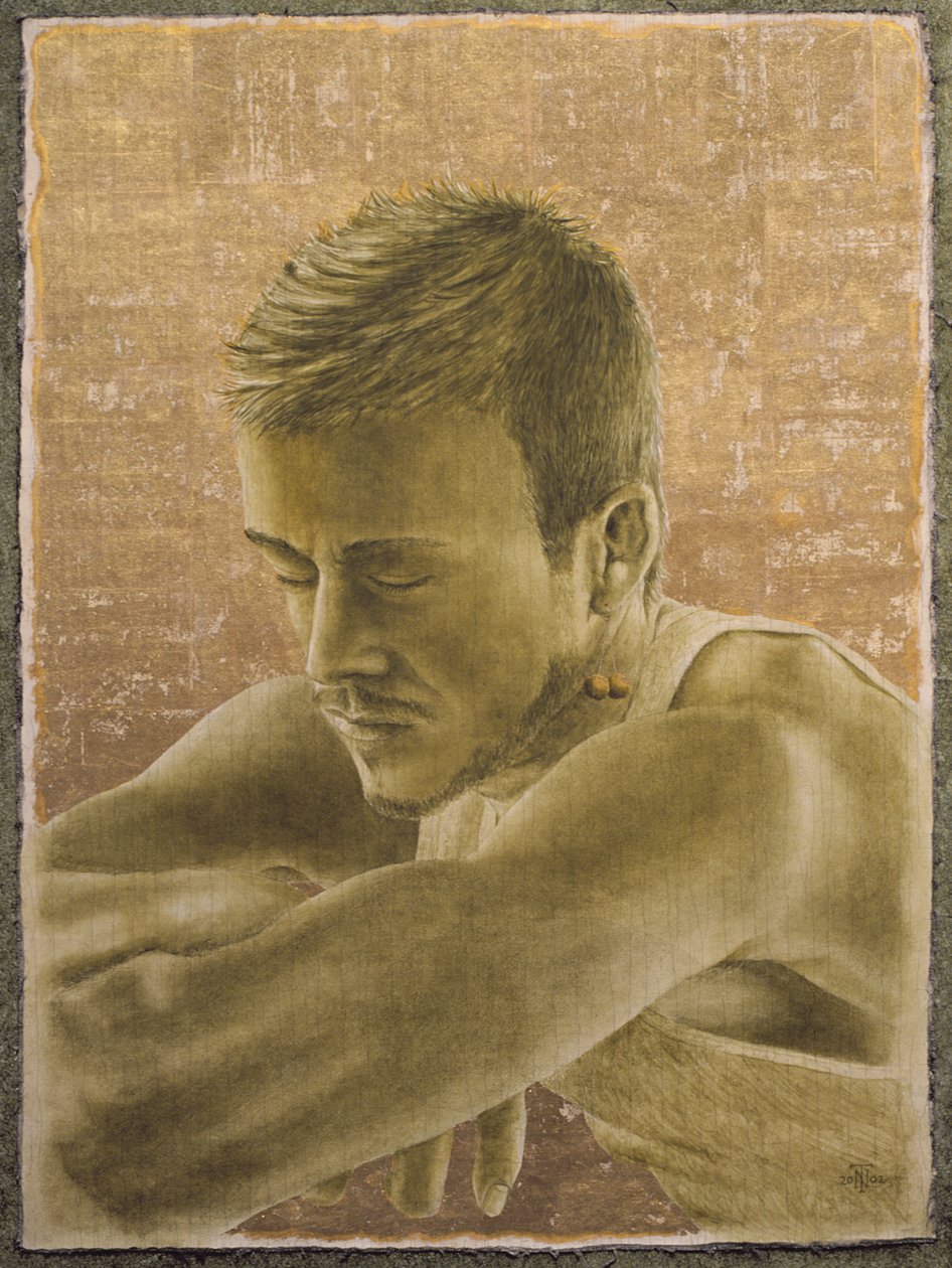 Beckham (nar. 1975) (olej a plátek zlata na popraskaném gessu na plátně položeném na palubě) od Trevor Neal