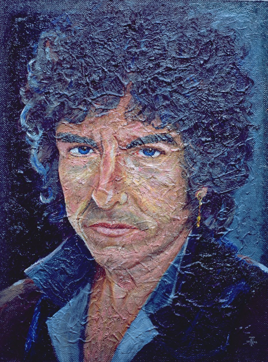 Dylan (nar. 1941) (olejový akryl na alabastinu na hesiánově položené desce) od Trevor Neal
