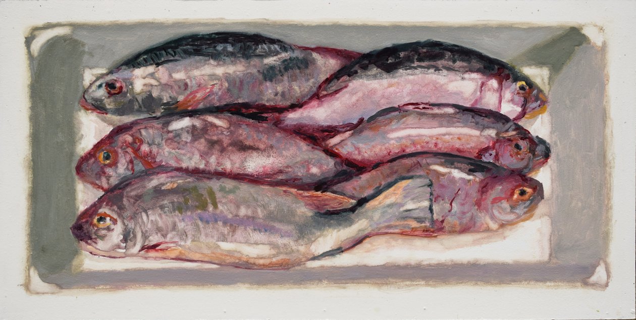 Rybí bedna 1 (Billingsgate, Londýn), 2016 (olej na desce) od Trevor Burgess