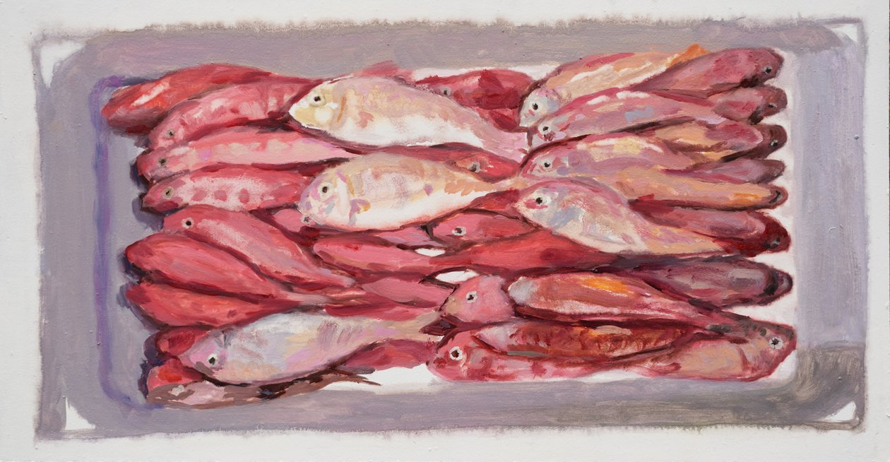 Rybí bedna 4 (Billingsgate, Londýn), 2016 (olej na desce) od Trevor Burgess
