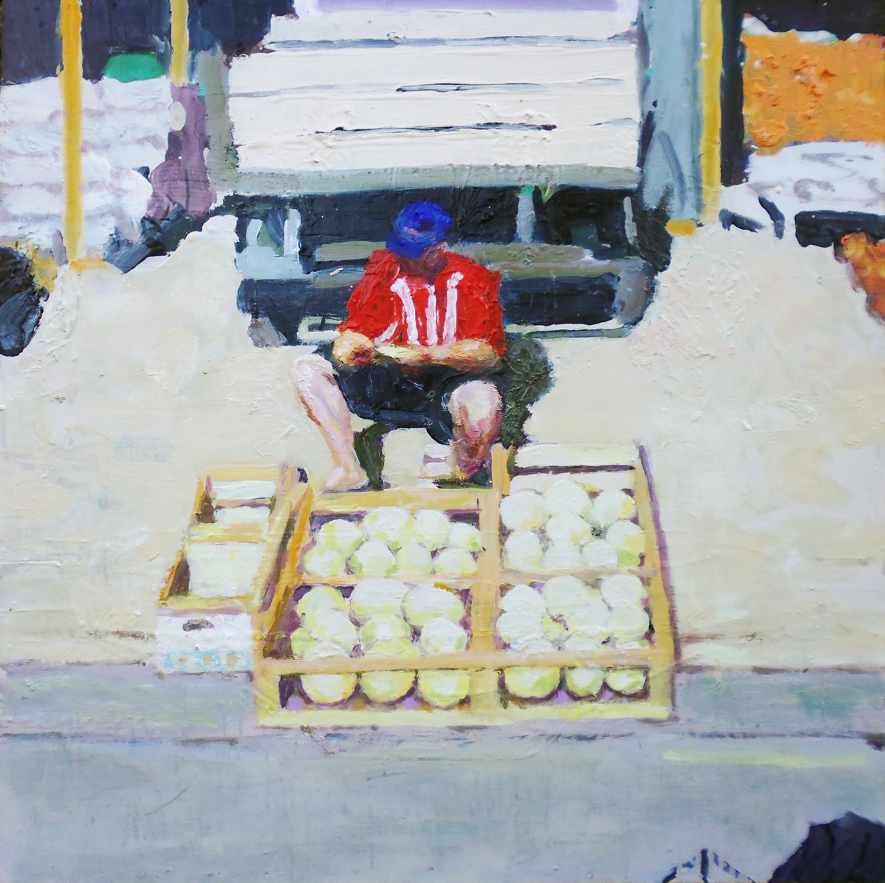 Muž prodávající melouny (San Juan, Argentina), 2014 (olej na desce) od Trevor Burgess