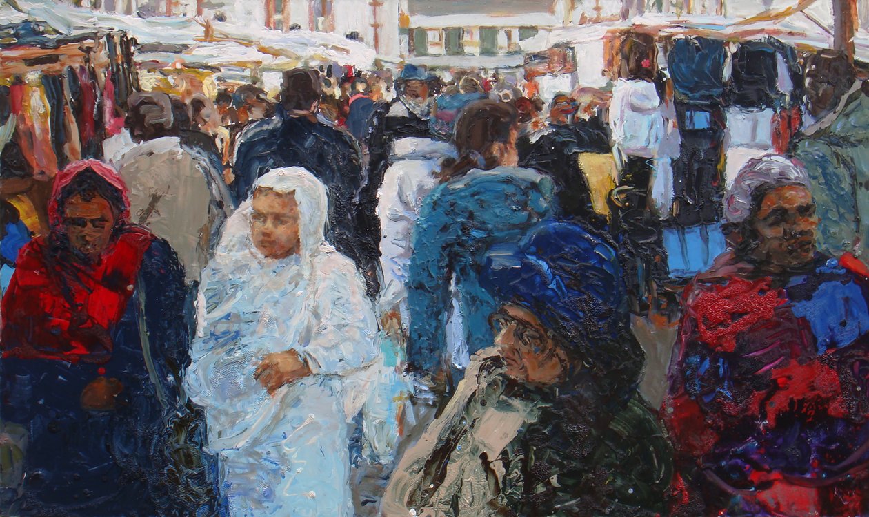 Trhovci (Ridley Road, Londýn), 2011 (olej na plátně) od Trevor Burgess