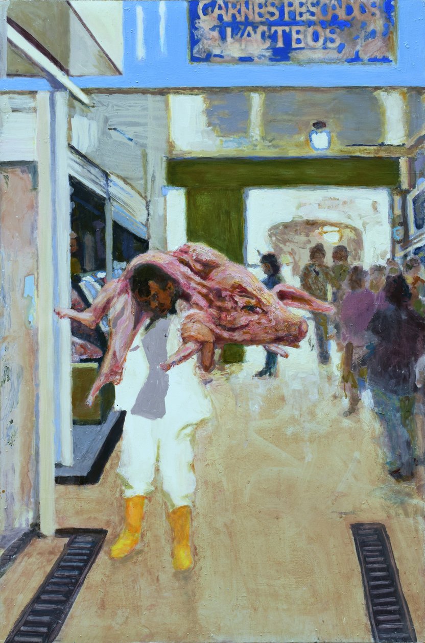 Prase na slanině (Bogota, Kolumbie), 2015 (olej na desce) od Trevor Burgess