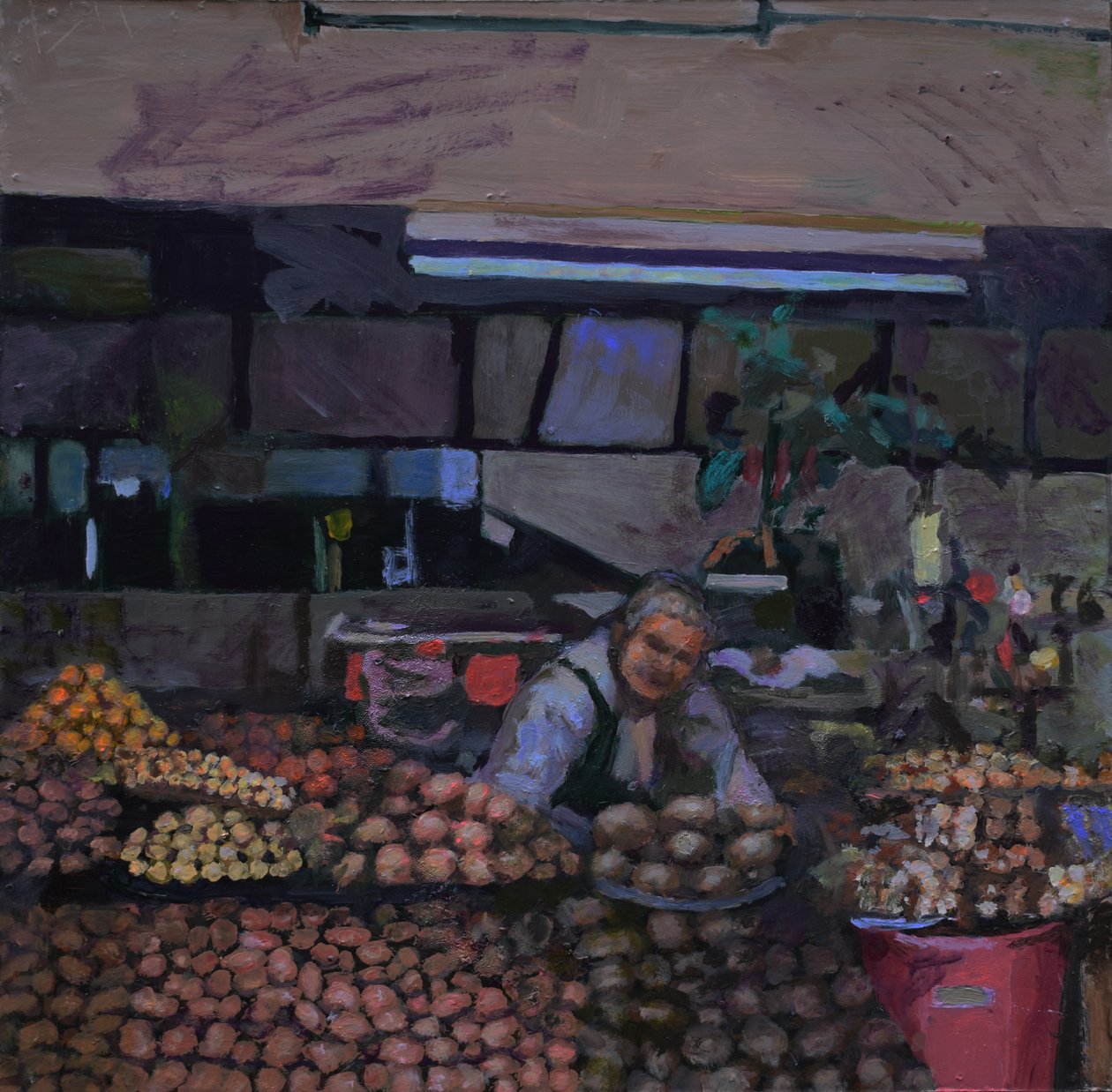 Stánek s bramborami (Quito, Ekvádor), 2015 (olej na desce) od Trevor Burgess