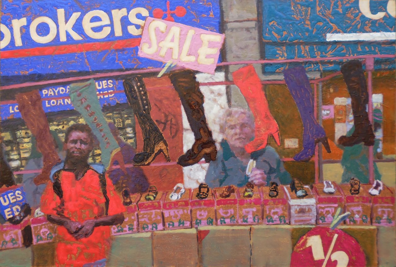 Stánek s obuví (Deptford, Londýn), 2013 (olej na desce) od Trevor Burgess