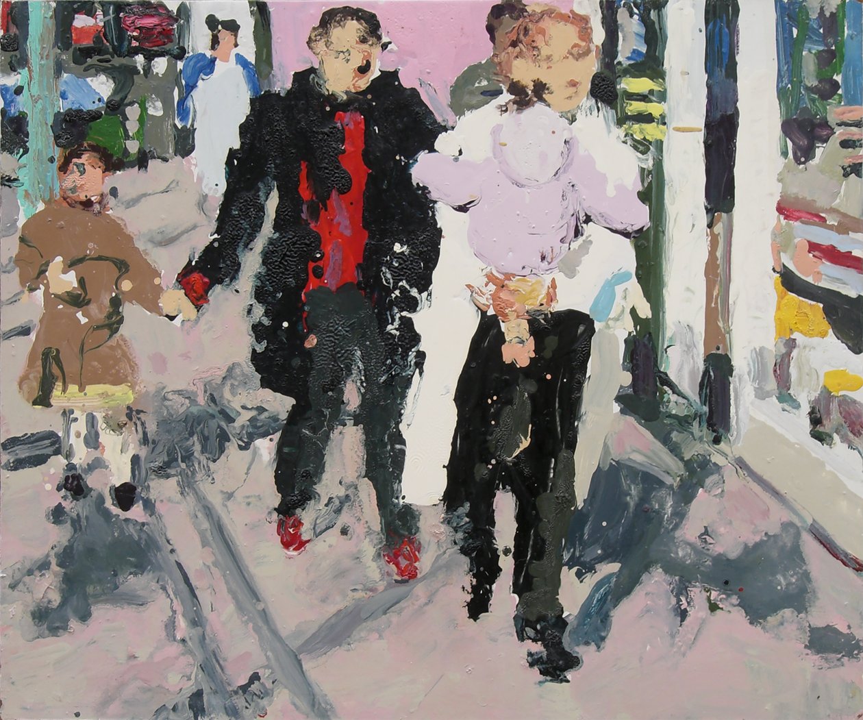 Nakupující s dětmi, 2003 (olej na desce) od Trevor Burgess