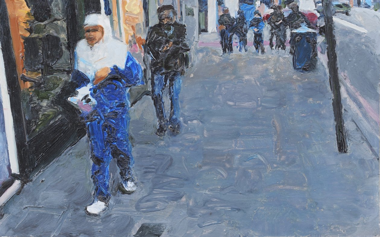Pouliční scéna (Deptford, Londýn), 2018 (olej na desce) od Trevor Burgess