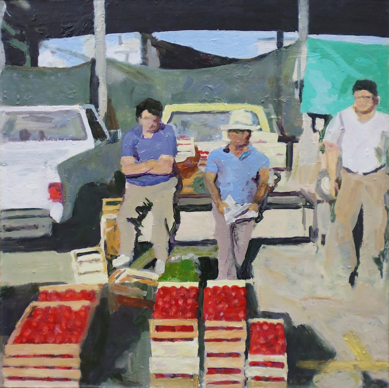 Tři muži prodávající rajčata (San Juan, Argentina), 2014 (olej na desce) od Trevor Burgess