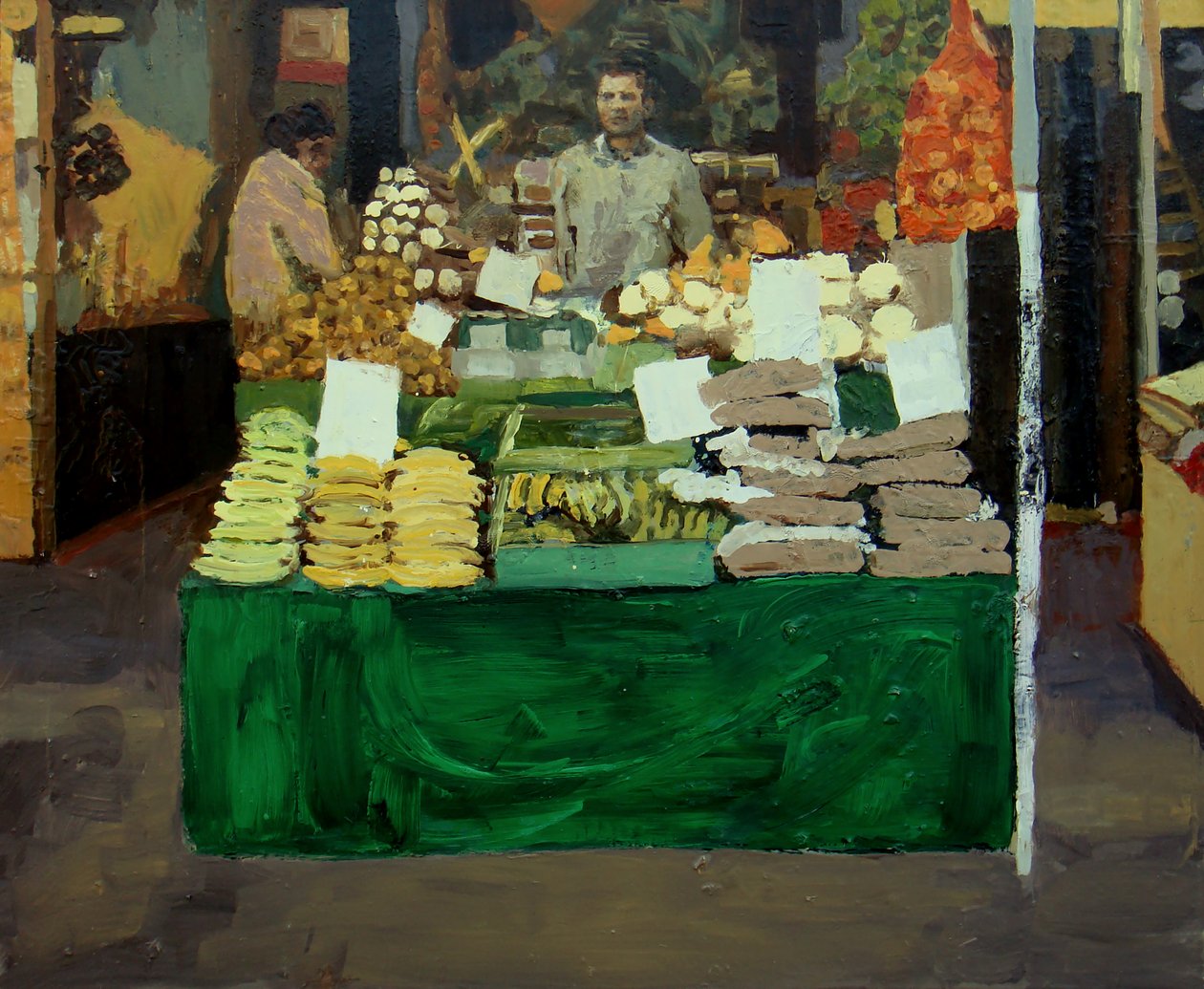 Stánek se zeleninou (Deptford, Londýn), 2009 (olej na desce) od Trevor Burgess