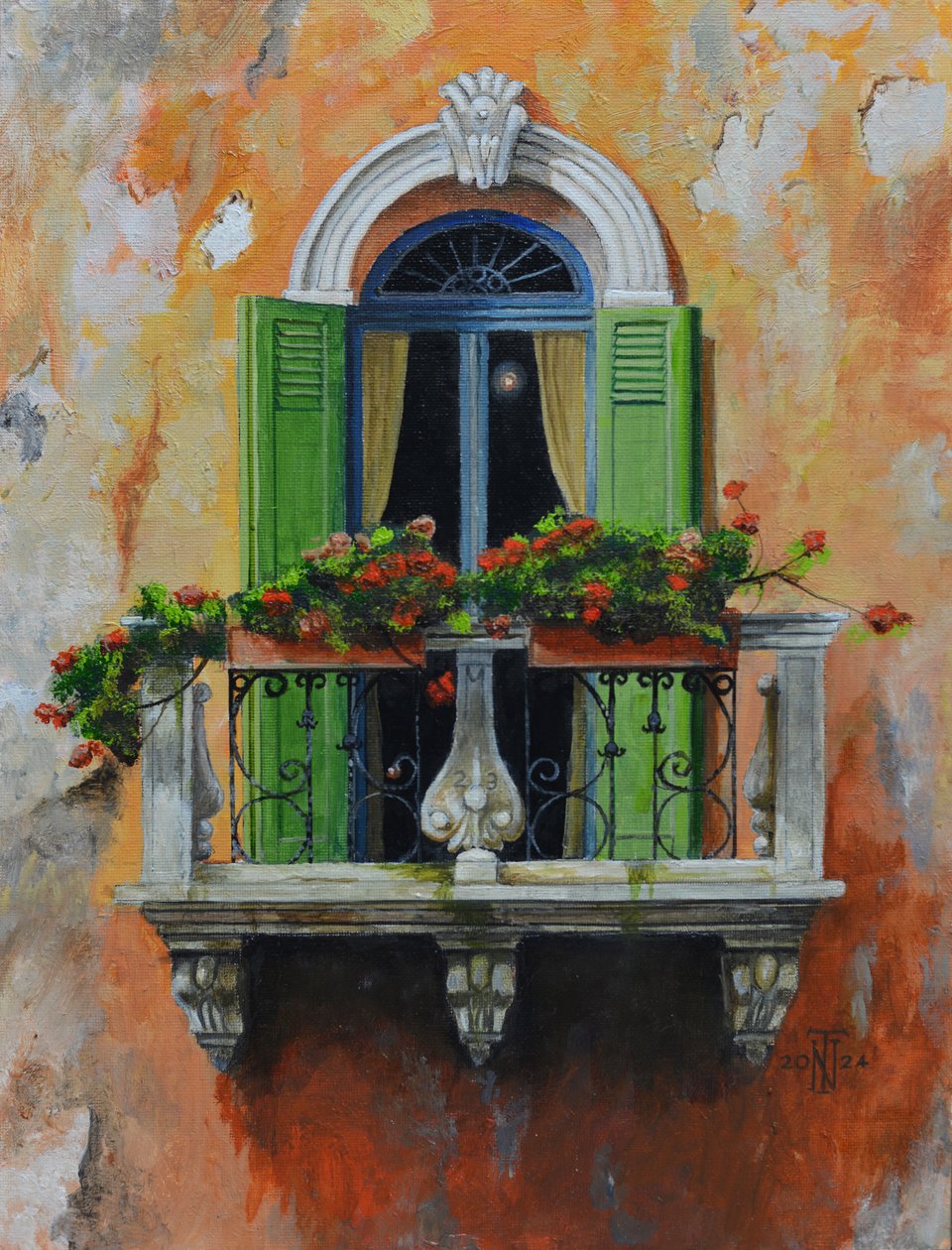 Francouzský balkon, Aix- en-Provence, Francie, 2024 (olej na desce) od Trevor Neal
