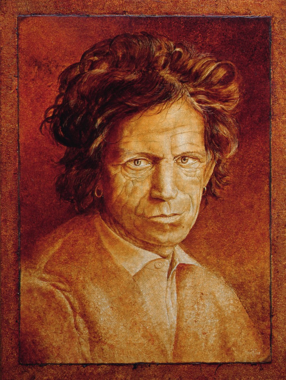 Keith Richards (nar. 1943) (olejové glazury na popraskaném gessu na plátně položeném na desce) od Trevor Neal