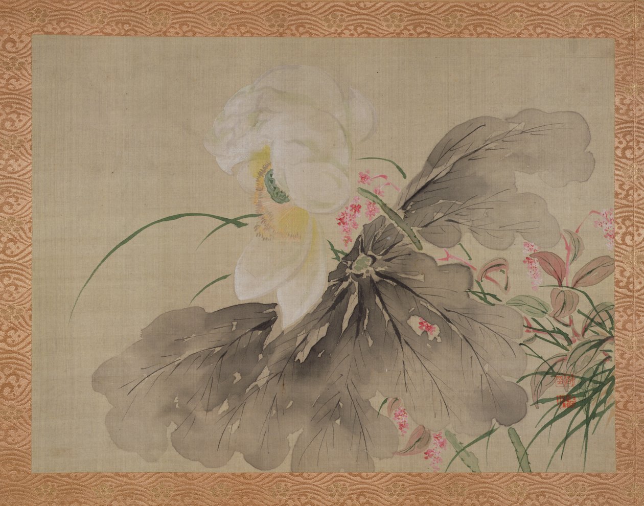 Pivoňka a jabloň japonského kraba s květem, 1851 (akvarel na hedvábí) od Tsubaki Chinzan