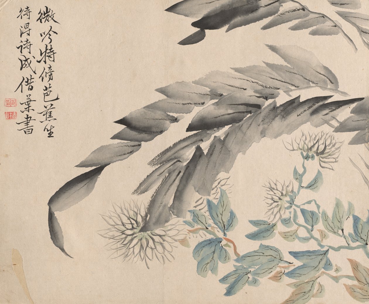 Chryzantémy a listy moruše. od Tsubaki Chinzan