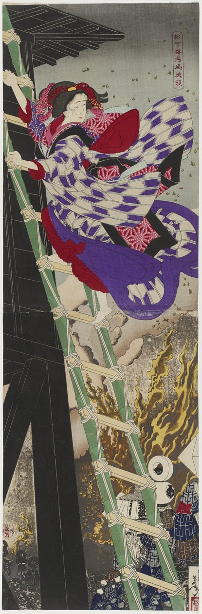 Pine, Bamboo, and Plum: the Framed Painting at Yushima, 1885 (barevný dřevořez tištěný diptych) od Tsukioka Yoshitoshi