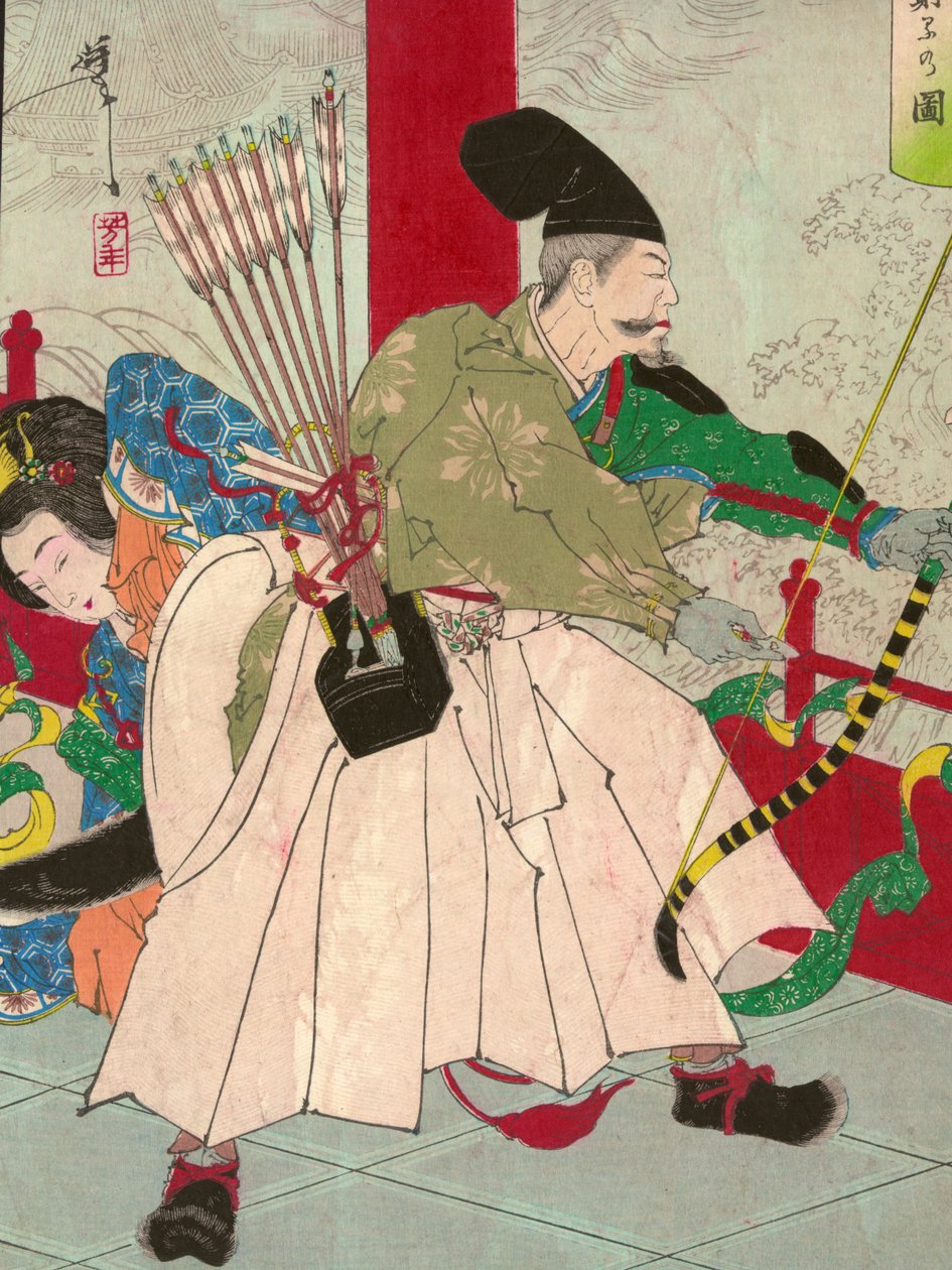 Watanabe no Tsuna, s lukem a šípy, v paláci démona Ibaraki, hospoda. c.1880 (ručně kolorovaný dřevěný blok) od Tsukioka Yoshitoshi