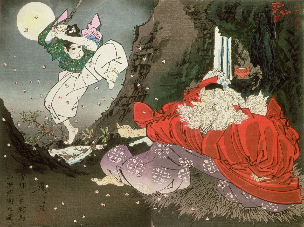 Yoshitsune a Tengu King, (barevný dřevořez) od Tsukioka Yoshitoshi