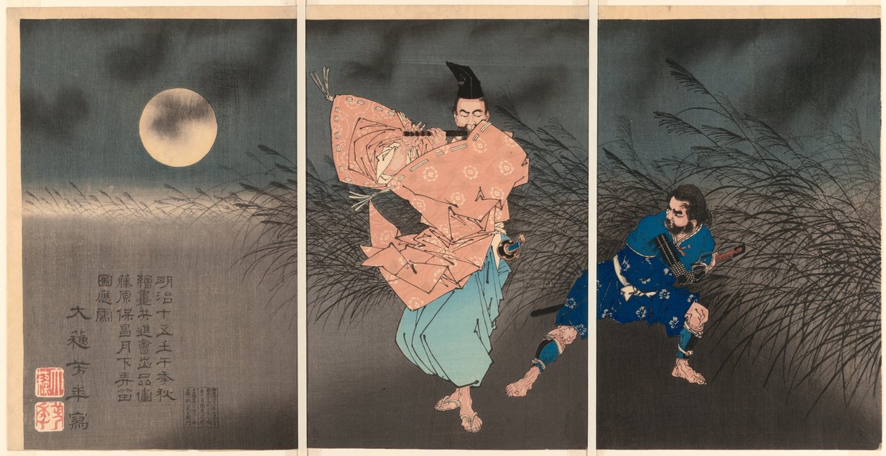 Fujiwara no Yasumasa hraje na flétnu v měsíčním světle od Tsukioka Yoshitoshi
