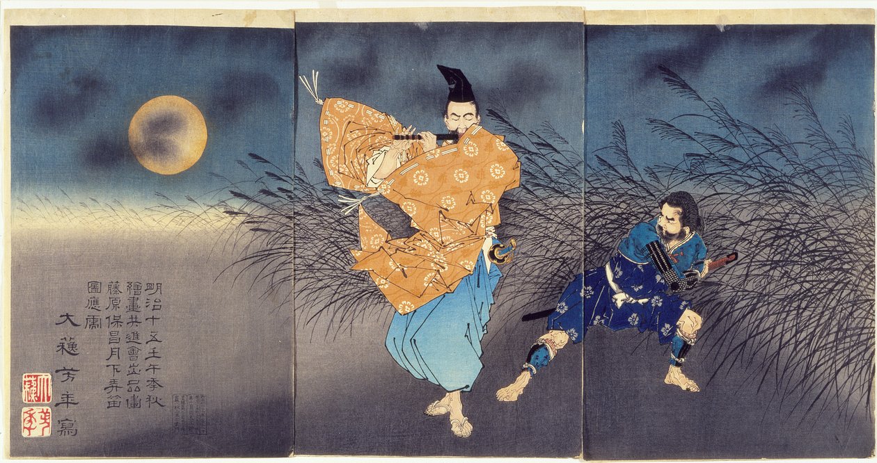 Fujiwara no Yasumasa hrající na flétnu za měsíčního svitu od Tsukioka Yoshitoshi