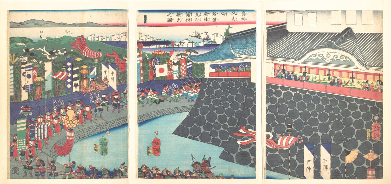 Hidejoši a jeho vojska opouštějí tábor Nagoya (Mashiba Hideyoshi kō nagoya jin saki te no shoshō kuridashi no zu) od Tsukioka Yoshitoshi