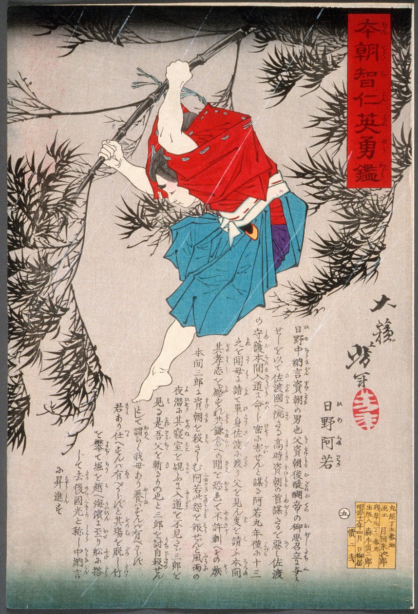 Hino Kumawaka skáče z bambusu od Tsukioka Yoshitoshi