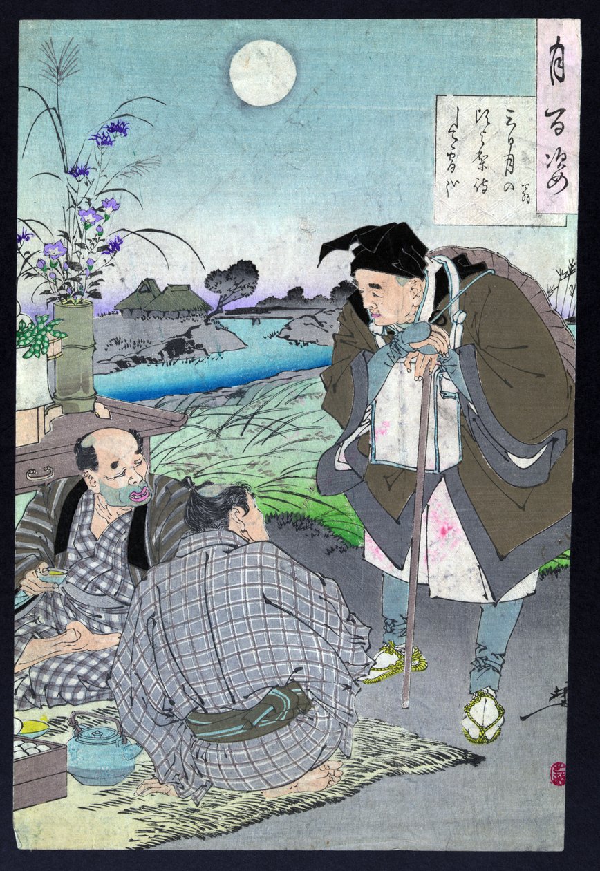Japonský básník Basho Matsuo mluví se dvěma muži od Tsukioka Yoshitoshi
