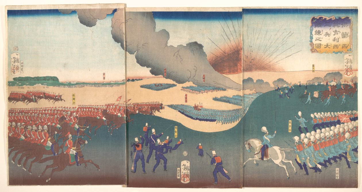 Manévry tří kategorií francouzských a anglických vojáků (Furansu Igirisu sanhei ōchōren no zu) od Tsukioka Yoshitoshi