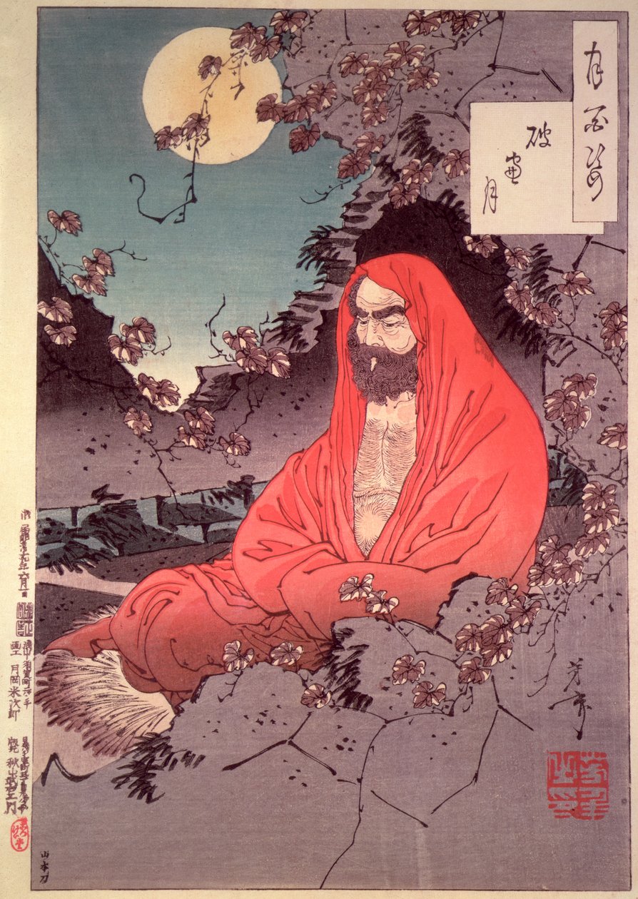 Meditace měsíčním světlem, (barevný dřevořez) od Tsukioka Yoshitoshi