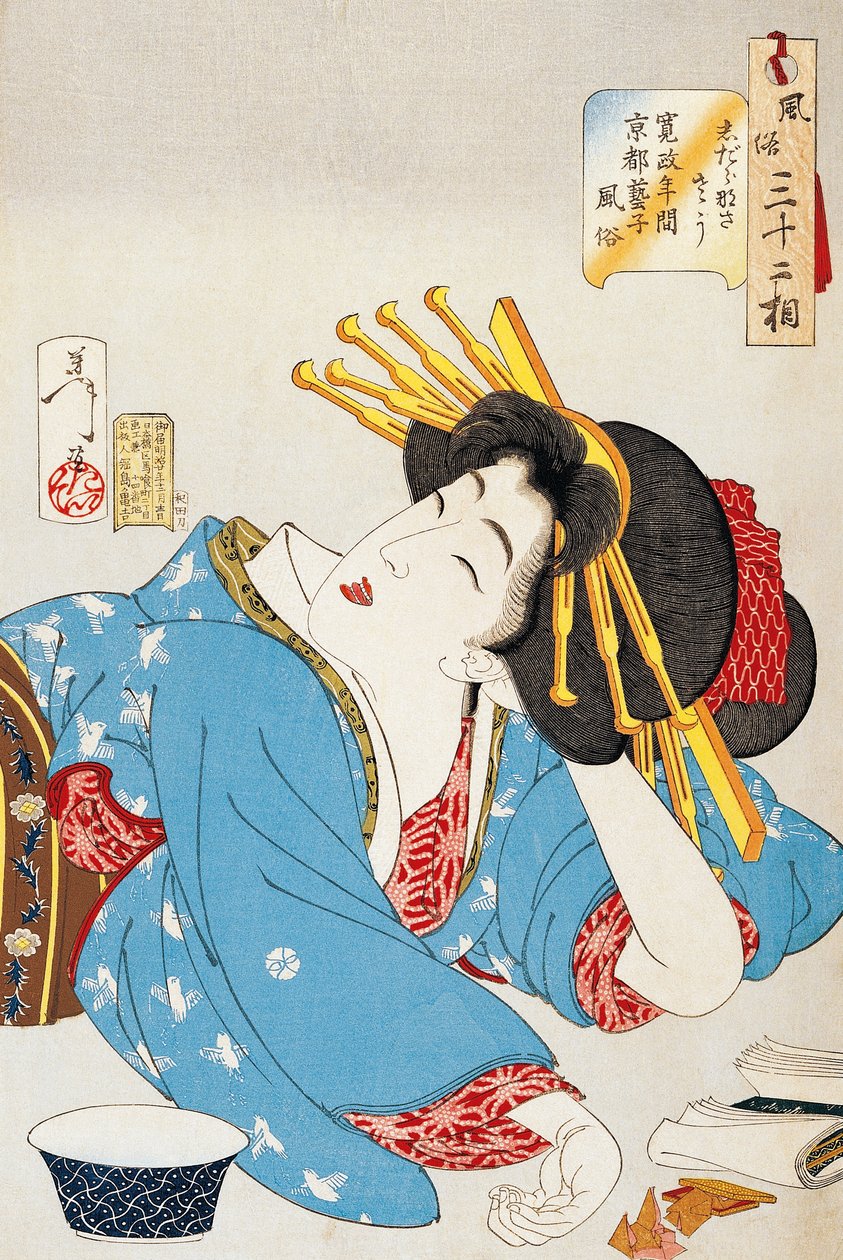 Okamžik relaxace, Tvář období Kansei Gejša z Kjóta, Ilustrace Tsukioka Yoshitoshi (1839-1892) z roku Třicet dva aspektů zvyků a mravů, Oban-tate-e dřevoryt, 37,5 x 26 cm, japonská civilizace od Tsukioka Yoshitoshi