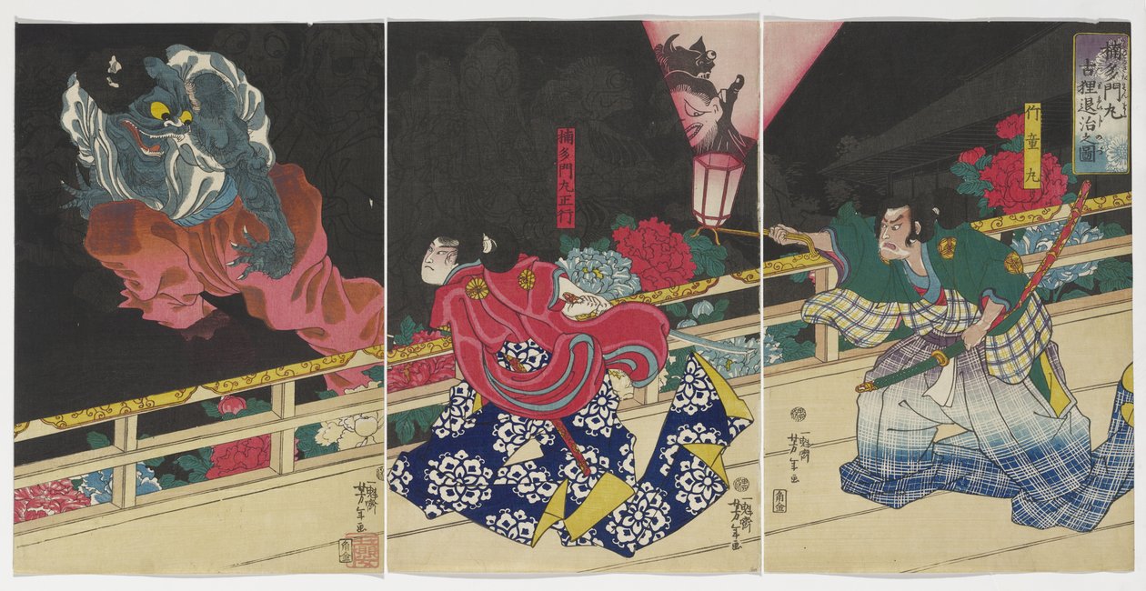 Obrázek Kusunoki Tamonmaru dobývá starého jezevce, 1860 od Tsukioka Yoshitoshi