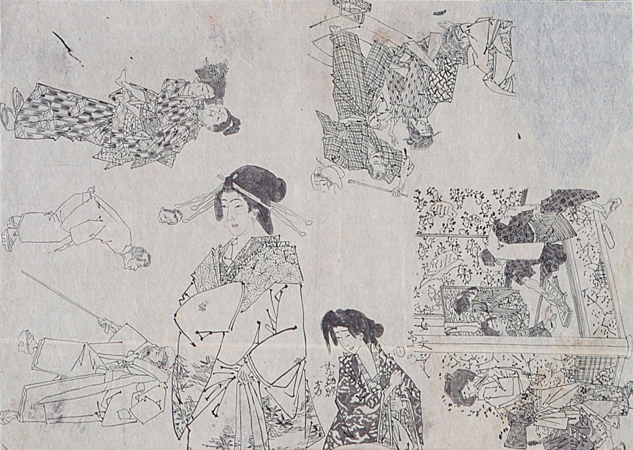 Přípravné kresby pro ilustrace melodramat od Tsukioka Yoshitoshi