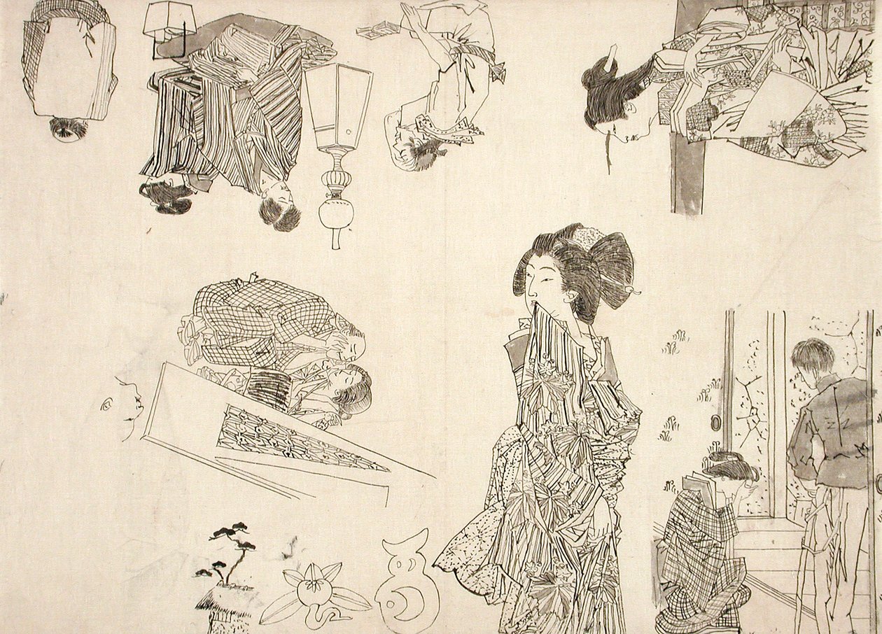 Přípravné kresby pro ilustrace melodramat od Tsukioka Yoshitoshi
