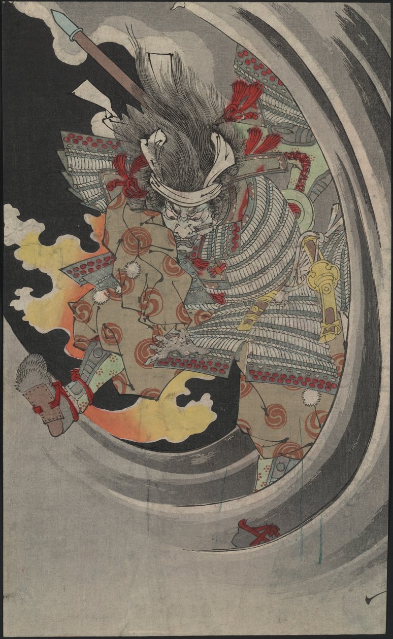 Duch generála Taira no Tomomori prorážejícího se vlnami u vodopádu Nunobiki, 1889. od Tsukioka Yoshitoshi