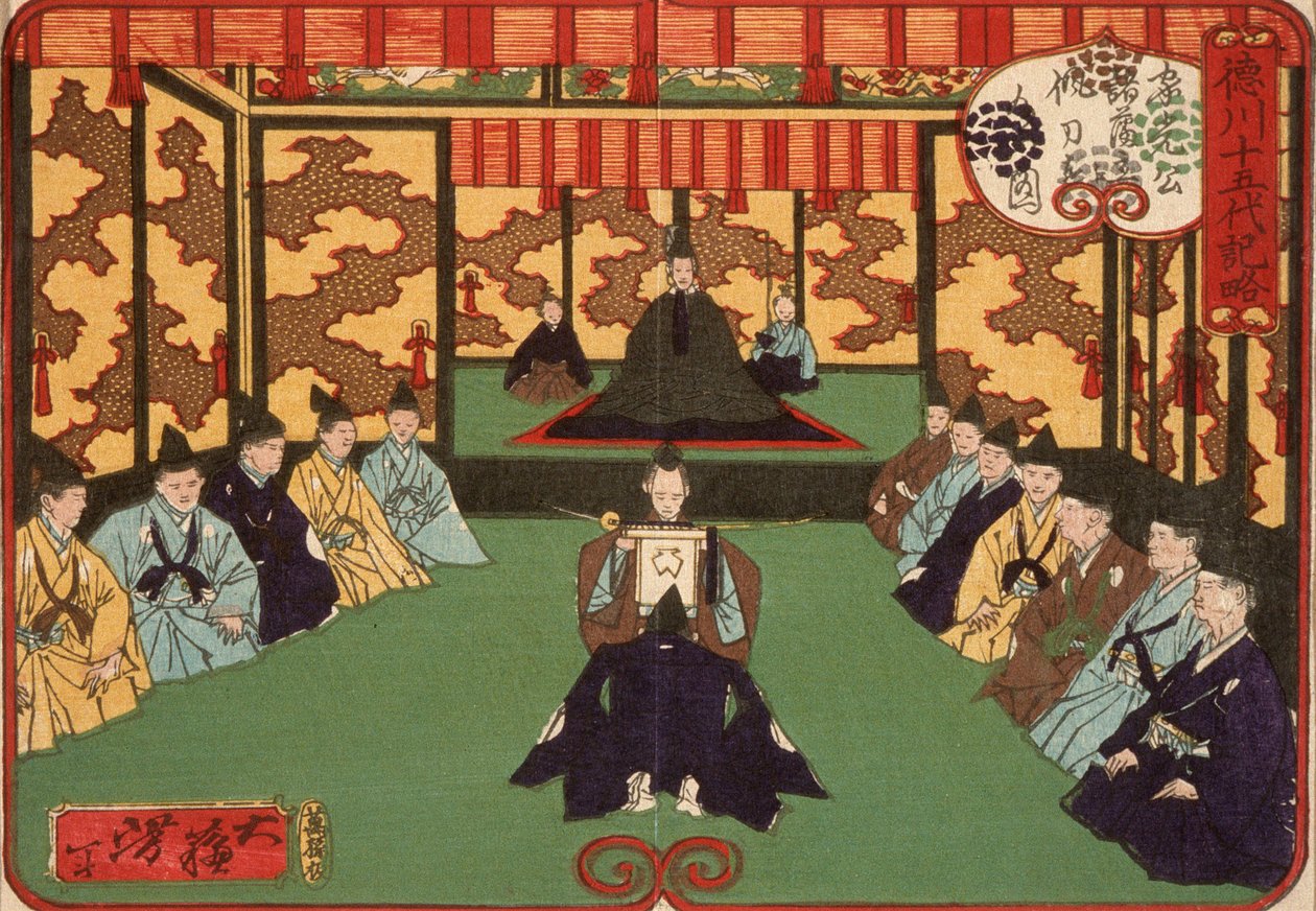 Tokugawa Iemitsu přijímá pány na audienci od Tsukioka Yoshitoshi