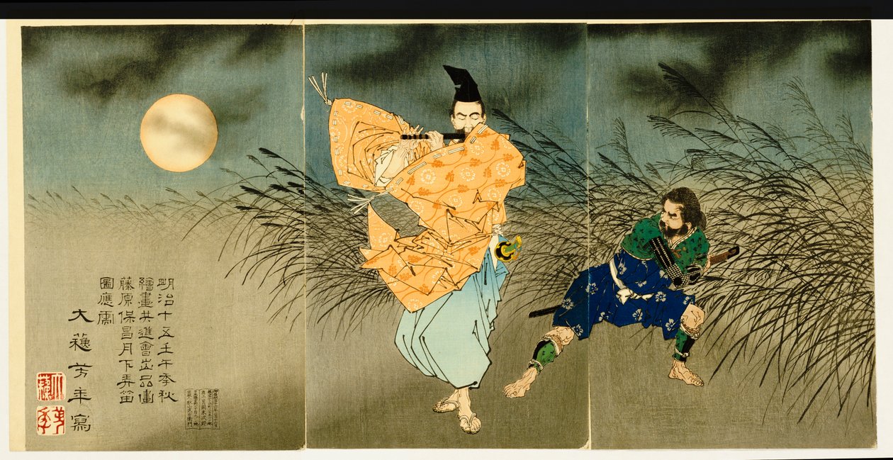 Triptych "Fujiwara No Yasumasa hrající na flétnu za měsíčního svitu", 1883 od Tsukioka Yoshitoshi